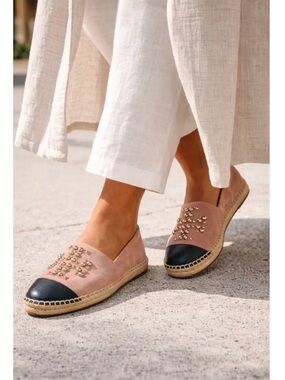Tory Burch Pearl Logo Flat Espadrilles Blush Pink Suede Uppers 8.5